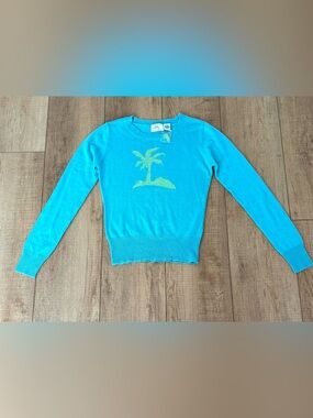Vintage Y2K Milly Silk Cashmere Palm Tree Sweater Tropical Resort Aqua Blue NWT